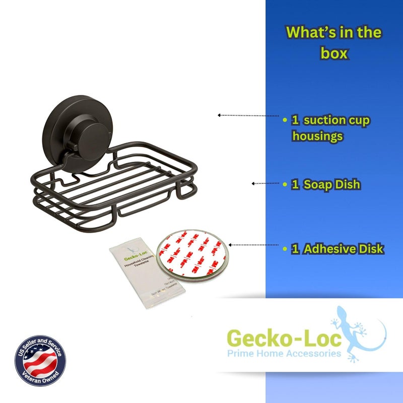 Gecko-Loc Soap Dish Suction mounting Bath soap bar Holder for Bathroom, Metal Bath Shower Bathtub Wall Tile or Kitchen Sink soap or Sponge Dishes - Black - Image 5